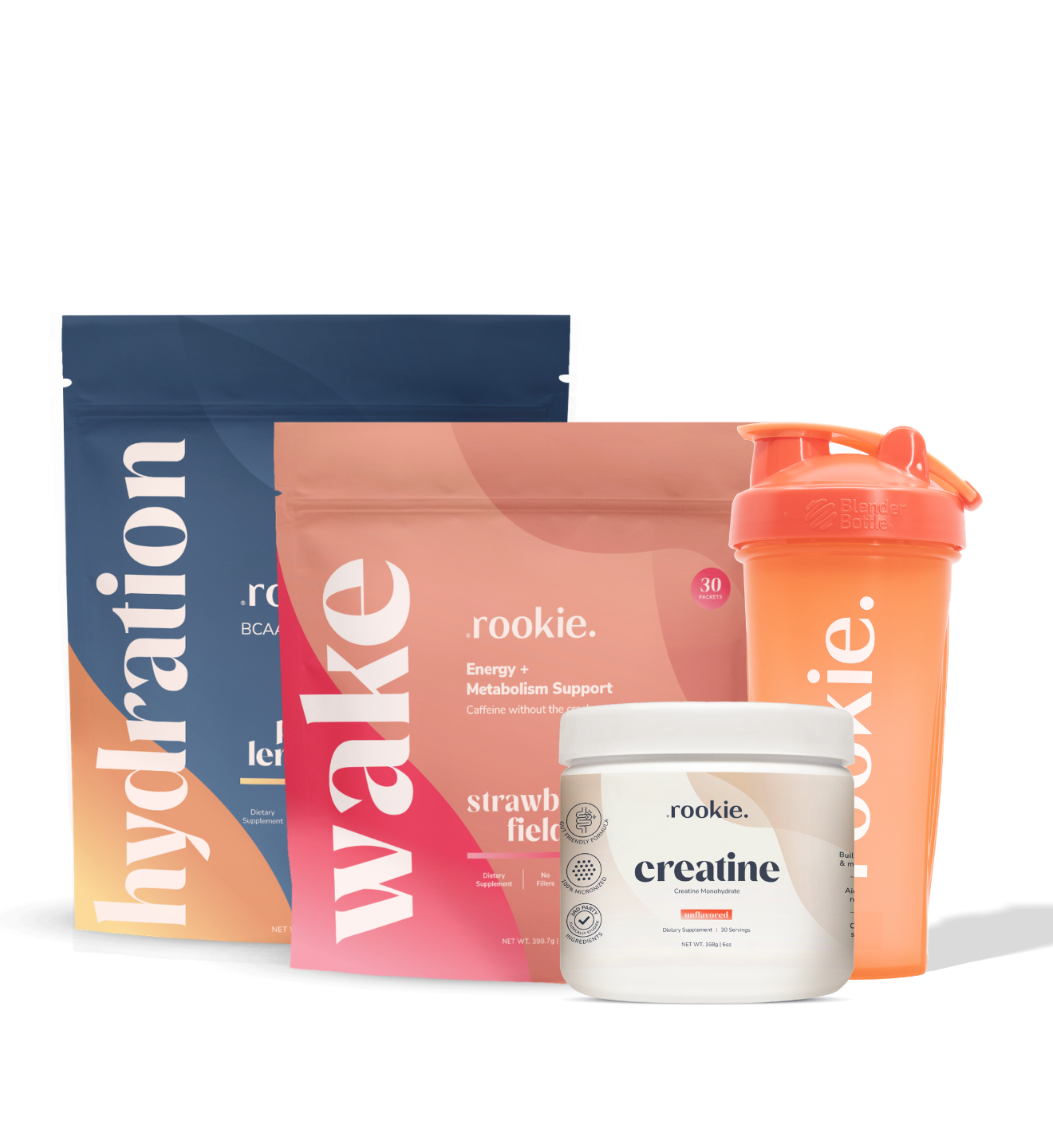 Collection of Rookie supplement products including a shaker, powder, and container on a white background.
