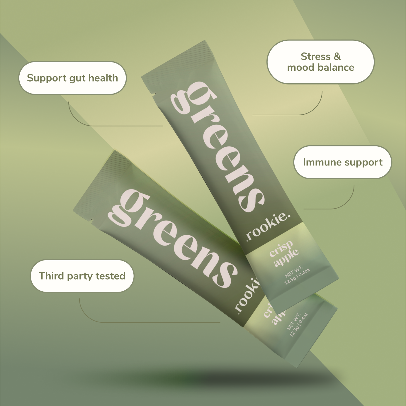 Two 'rookie. greens' packets on a green background with text about health benefits.