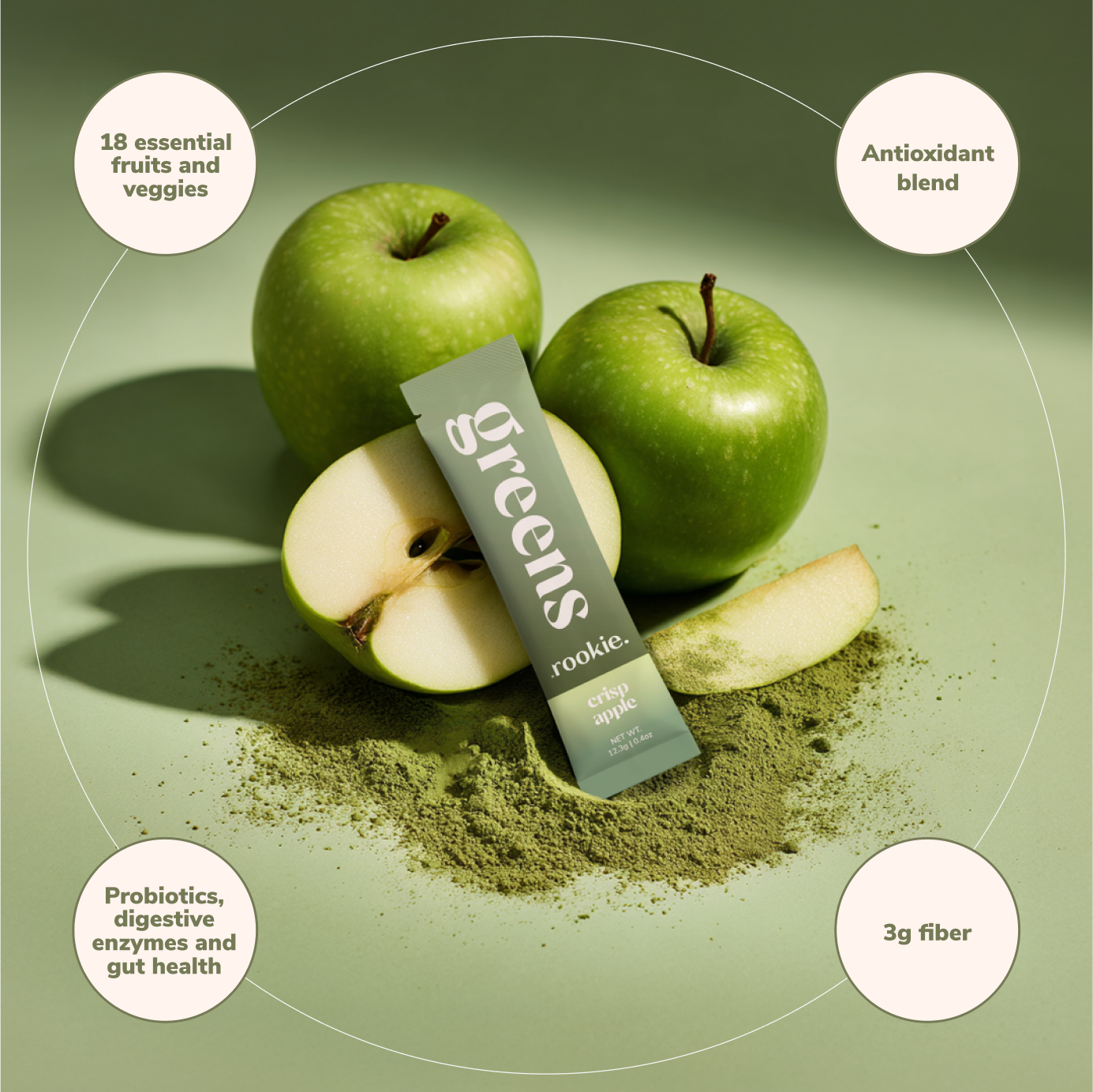 Green apples and a package labeled 'greens rookie' on a green background with health benefits text.