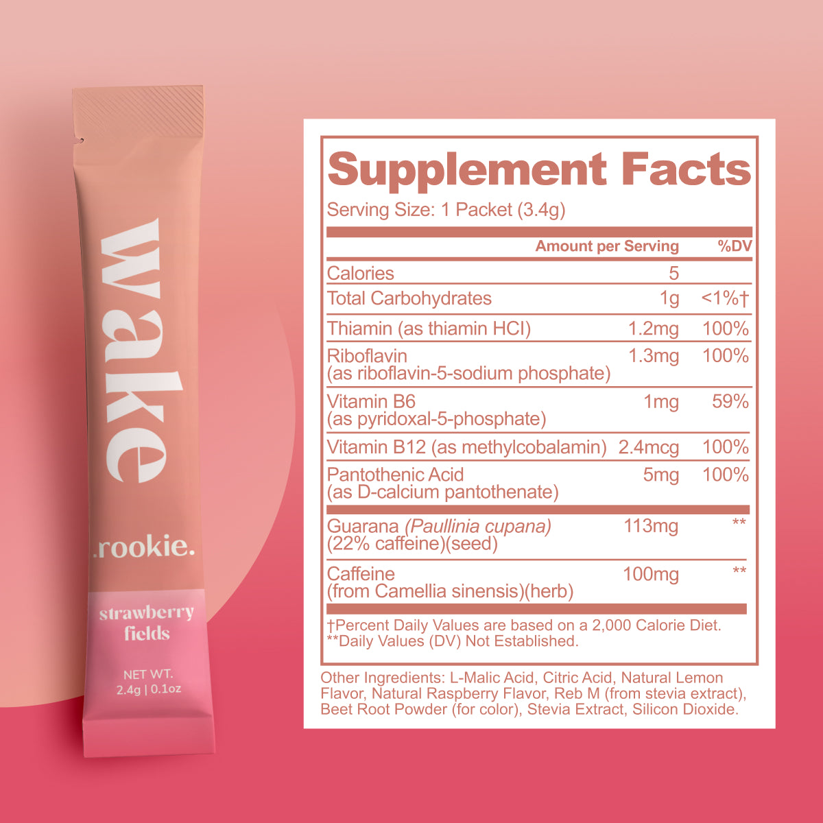 Supplement package with 'Wake' branding and supplement facts label on a pink background
