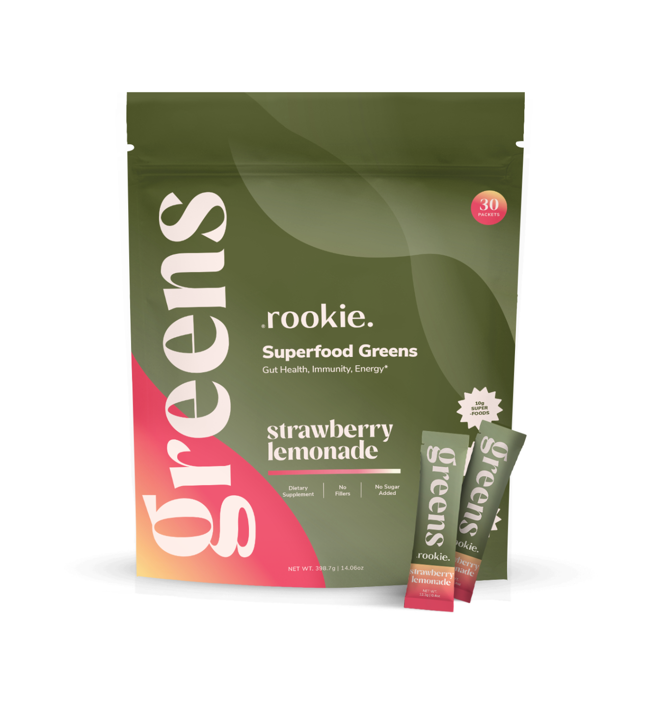Package of Rookie Superfood Greens in strawberry lemonade flavor on a white background