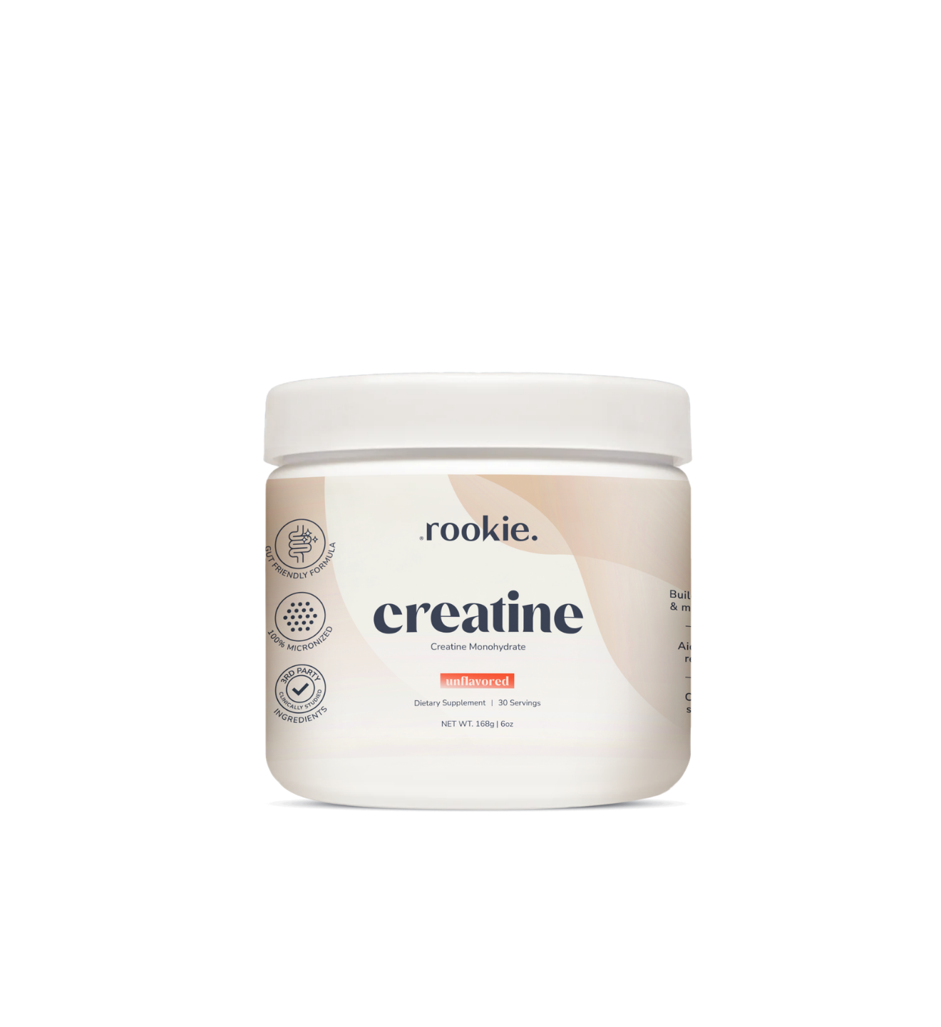 White plastic jar labeled "rookie creatine" unflavored powder with white lid and certification badges on side.