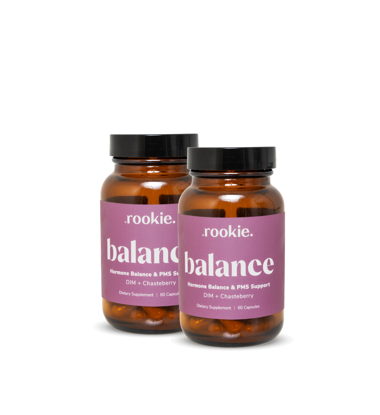 Two bottles of .rookie. balance supplements on a white background