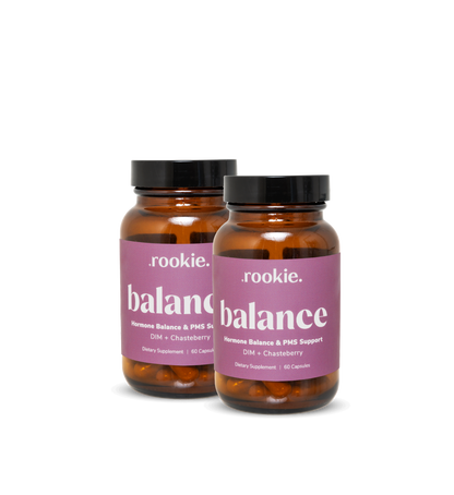 Two bottles of .rookie. balance supplements on a white background