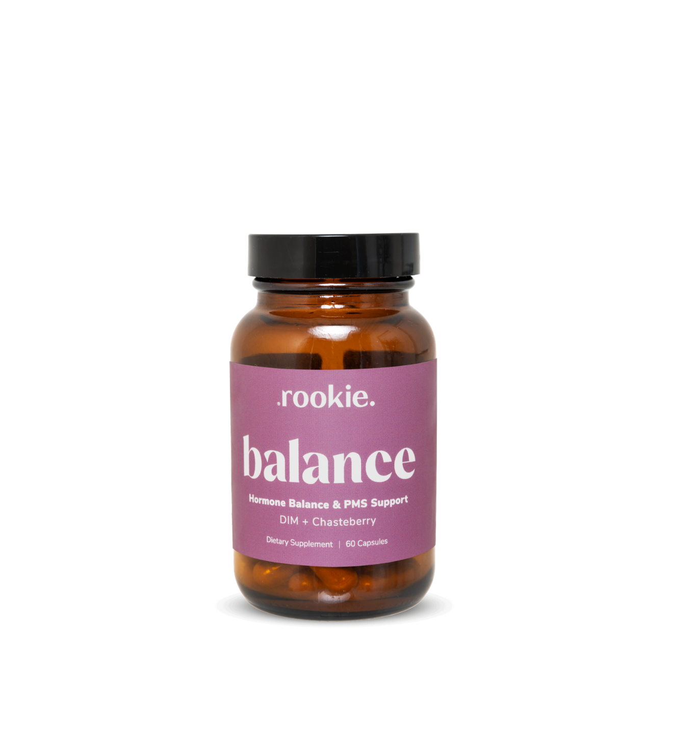 Vitamins bottle labeled 'balance' by 'rookie.' on a white background