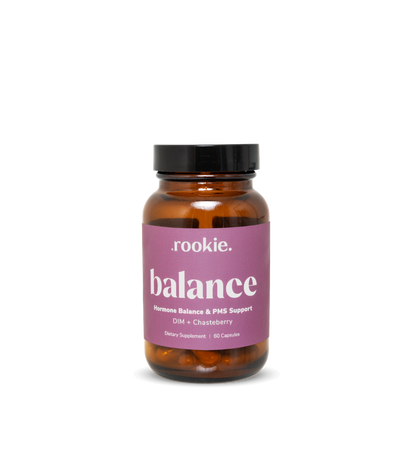 Vitamins bottle labeled 'balance' by 'rookie.' on a white background