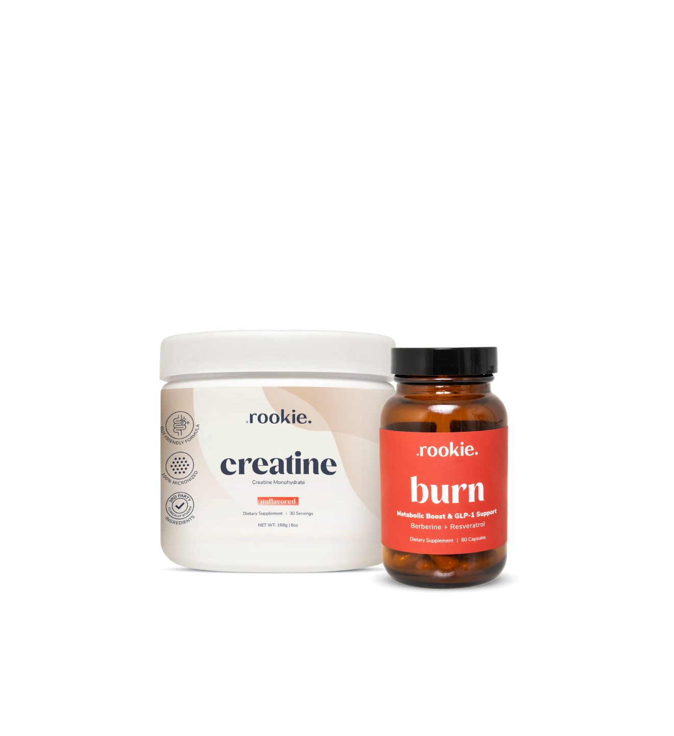 Two supplement containers labeled 'creatinine' and 'burn' by the brand 'rookie' on a white background.