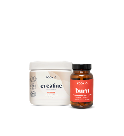 Two supplement containers labeled 'creatinine' and 'burn' by the brand 'rookie' on a white background.