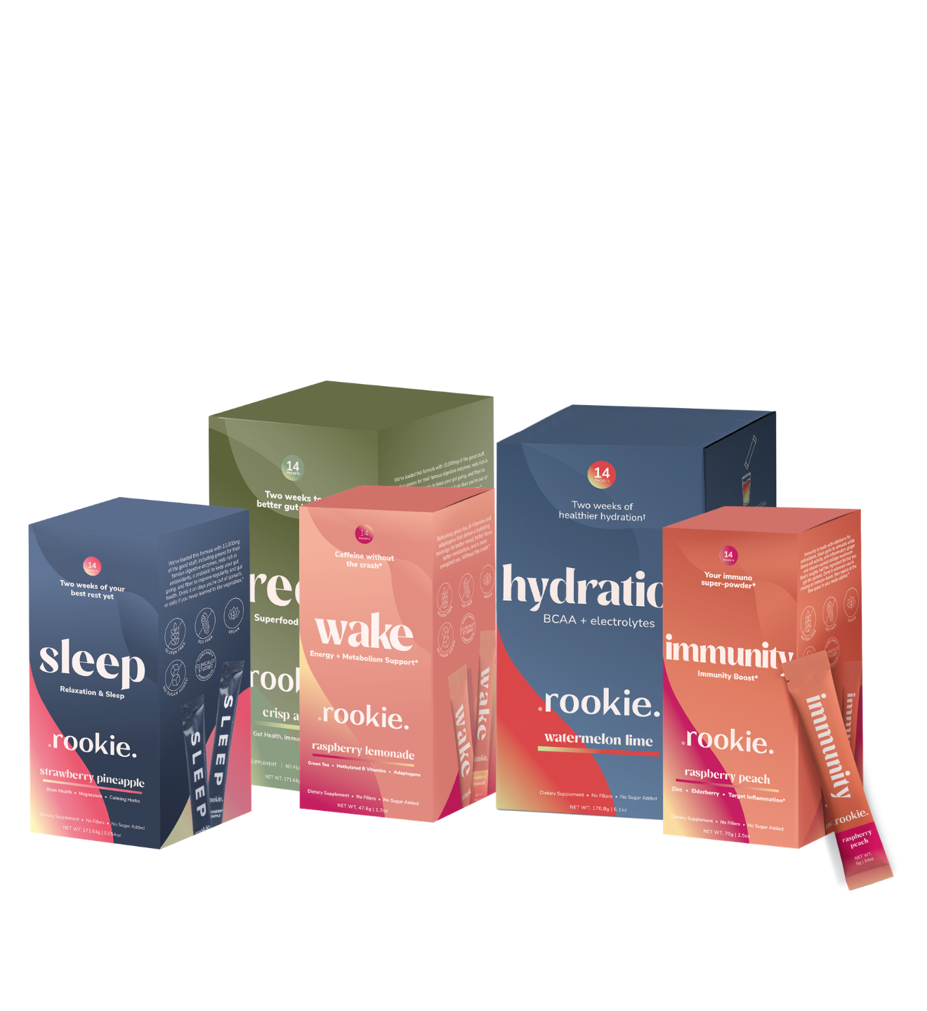 Collection of Rookie supplement boxes for sleep, wake, hydration, and immunity on a white background