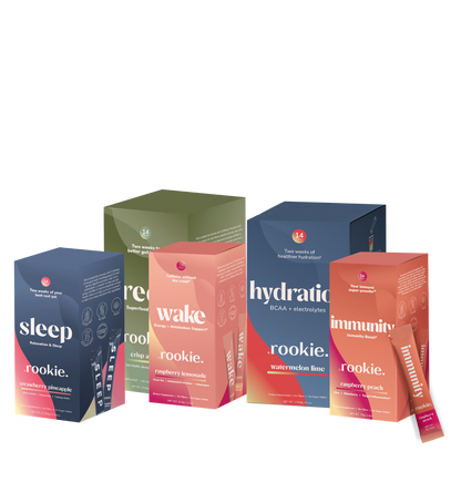 Collection of Rookie supplement boxes for sleep, wake, hydration, and immunity on a white background