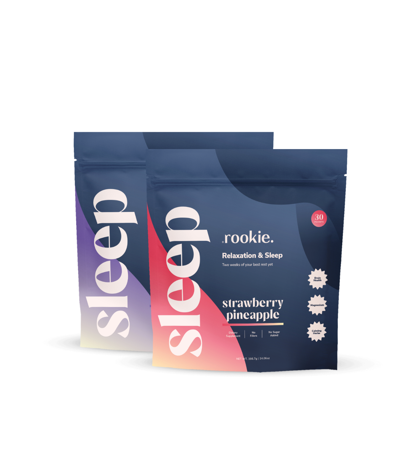Two packages of 'rookie.' sleep aid with a strawberry pineapple flavor on a white background.