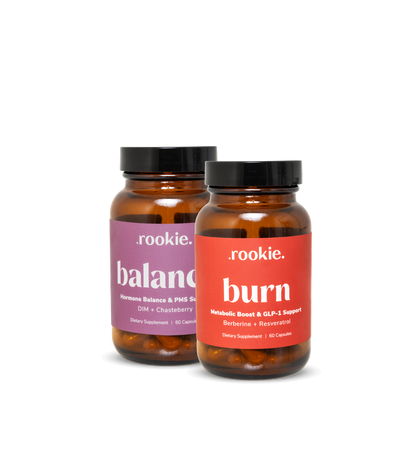 Two supplement bottles labeled 'balance' and 'burn' by the brand 'rookie' on a white background.