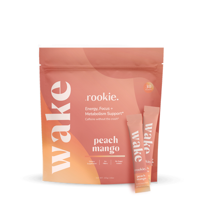 Wake brand rookie energy drink mix in peach mango flavor, 30-serving pouch with individual packets displayed.