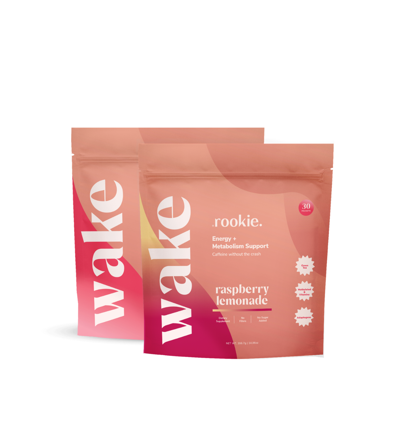 Two 'wake' and 'rookie.' packages on a white background