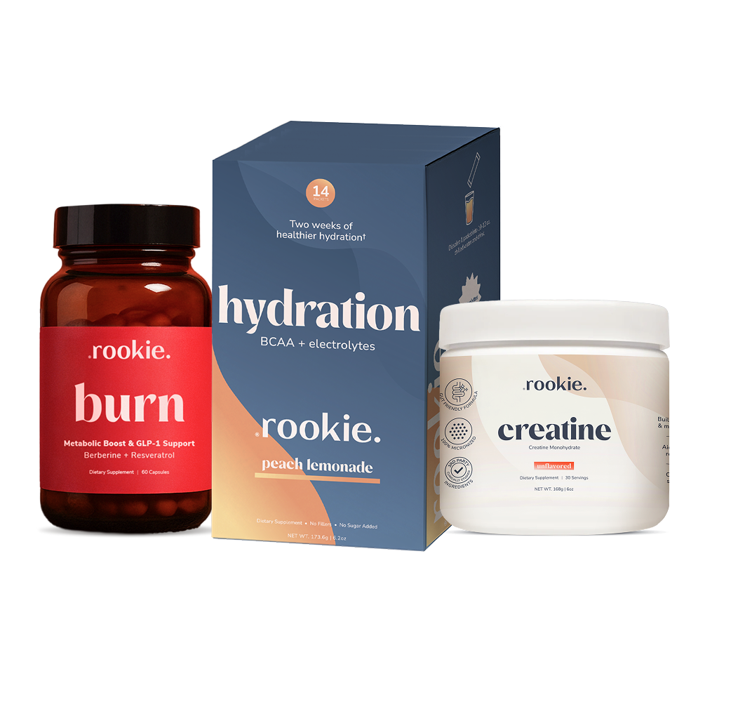 Three products from the brand 'rookie' on a white background: a red supplement bottle, a blue box labeled 'hydration', and a white container labeled 'creatinine'.